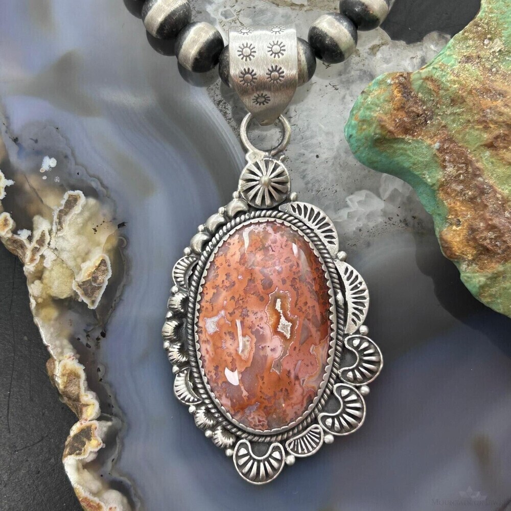 Sterling Southwestern Style Oval Red Plum Jasper Decorated Pendant For Women